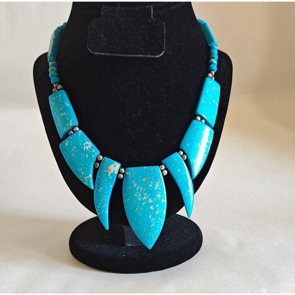 Blue Turquoise Statement Necklace Gold Art Deco Resin Chunky Tribal Choker 8 in